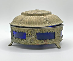 Vintage Art Nouveau Silver Over Pewter Lidded Candy Bowl Cobalt Blue Glass