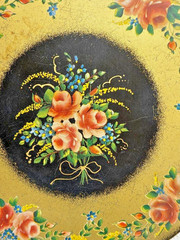 Vintage Toleware Candy Tin ~ Round Lid Covered Box ~ 10 inches in diameter