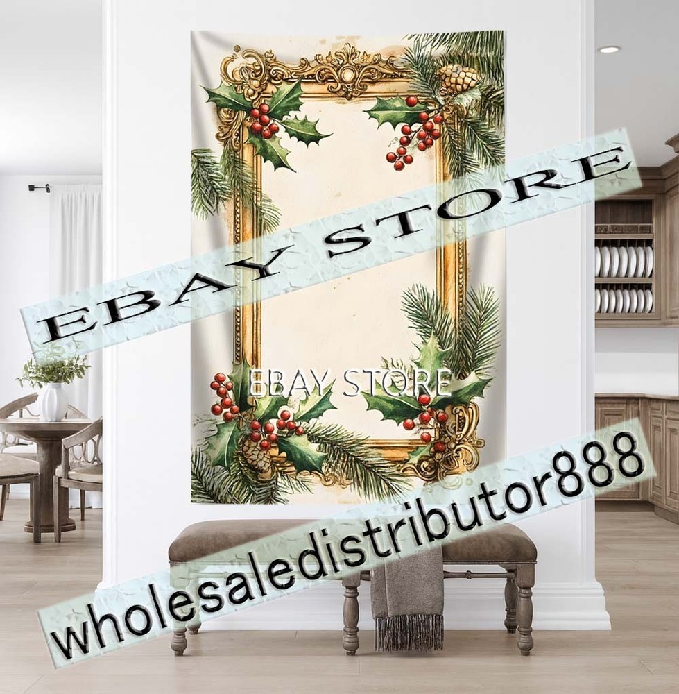 Gold Frame Holly tapestry traditional Christmas border decor 59X82 in