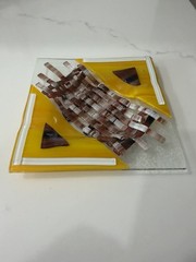 VIBRANT! Yellow Brown Square Fused Art Glass Plate 6 x 6” Jewel Tones Textured ✨