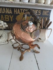 Old Copper TILTING TEA KETTLE on Ornate BRASS STAND White Porcelain Handles