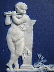 WEDGWOOD LIKE RARE DARK BLUE DIP PLAQUE OF CUPIDS & BOY TAMBORINE, GIRL TRIANGLE