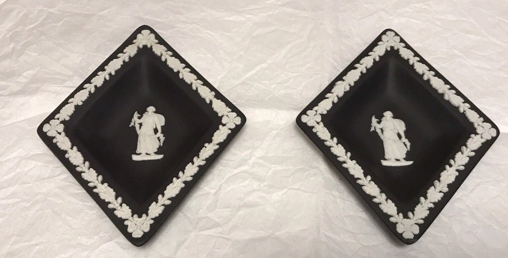 VTG Wedgwood Black/White Neo-Classic Style Jasperware TWO Diamond Shaped Dishes