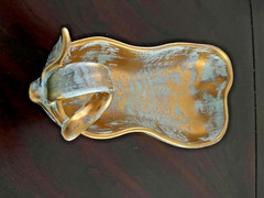 VTG STANGL POTTERY PEAR-SHAPED DISH ANTIQUE GOLD OVER TURQUOISE BLUE BASE #3783