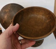 Vintage Footed Wood / Resin ? Candy Trinket Dish Etched Carved Floral w/ Lid
