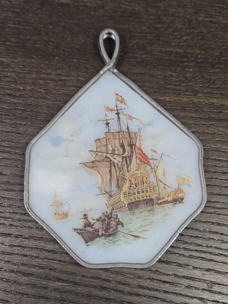 Antique 1910 Reverse-Paint Glass Galleon Ship Scene Edwardian Wall Decor Plaque