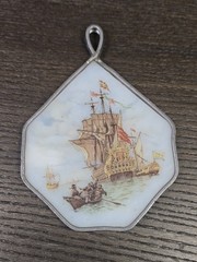 Antique 1910 Reverse-Paint Glass Galleon Ship Scene Edwardian Wall Decor Plaque