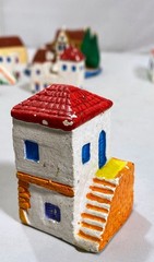 Ceramic Mini Greek Village (8) Houses Church Boat Handmade Hand-Painted