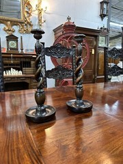 Antique Style LARGE 14″ TALL Carved Wooden Barley Twist Candlesticks with Bronze