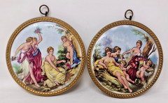 Vintage Pair Ceramic Victorian Scenes Gold Gilt Framed 1940’s B&S Creations NY