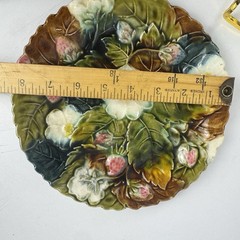 Antique French Majolica Strawberry Plate Floral Relief 8.5 Inch