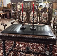 Antique Style LARGE 14″ TALL Carved Wooden Barley Twist Candlesticks with Bronze