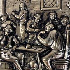 Antique Collectible Metal Cigarette Ashtray Men Sitting Around A Table Rare