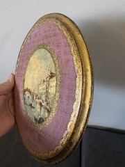 VTG Gold Gilt Italian Florentine Wood Oval Wall Picture Plaque Venice Pink Art