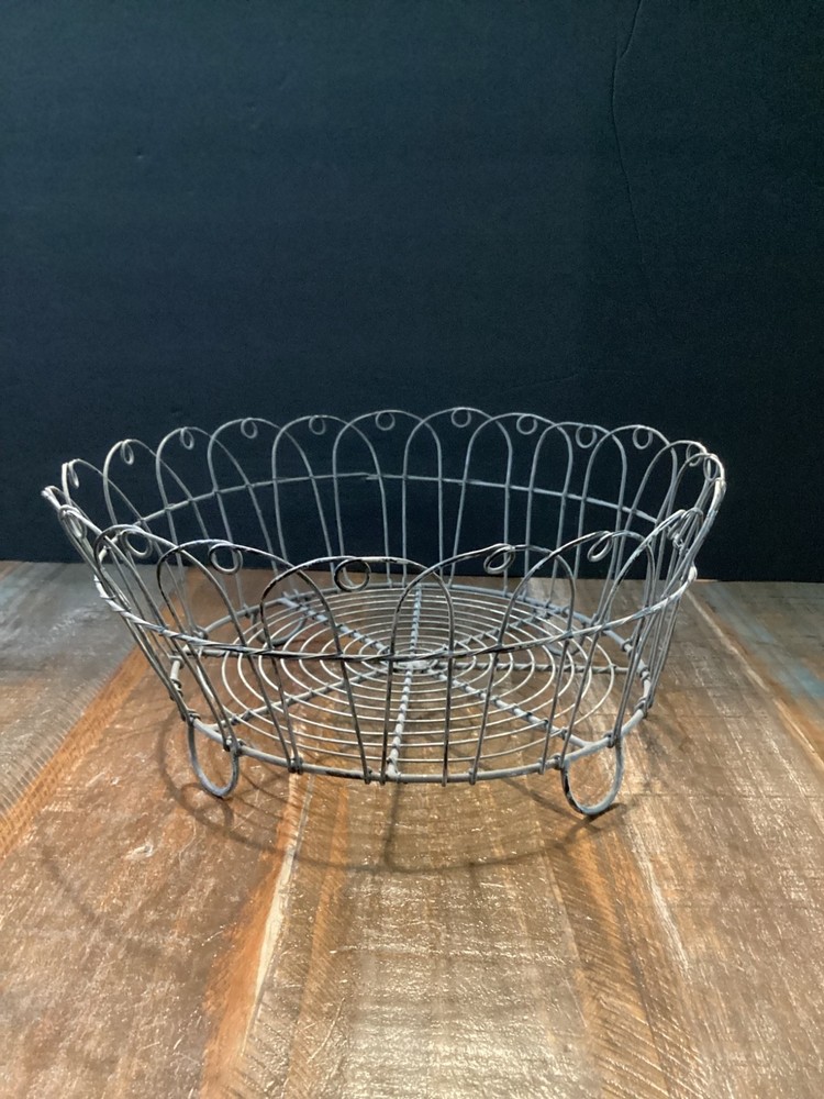Large Vintage French Metal Wire Basket scalloped footed primitive rustic 12”
