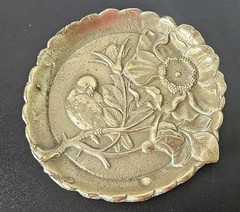 Vintage Art Nouveau Brass Scalloped Round Trinket Dish Impressed Bird Floral…