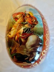 Decorated Wooden Egg featuring St George and the Dragon, new, origin unknown