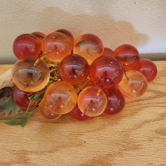 Vintage Lucite Acrylic Orange Red Grape Cluster On Driftwood Stem. MCM, 16″ Long