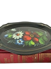 Vintage Hand Painted Floral Oval Trinket Dish Black Gold Folk Art Decor
