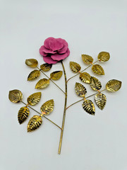 Vintage Home Interiors HOMCO Pink Rose Brass Leaves 3D Metal Wall Decor Set of 2
