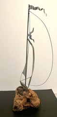 DEMOTT signed Tall Silver Metal Sail Boat Sculpture on Driftwood Base Vintage