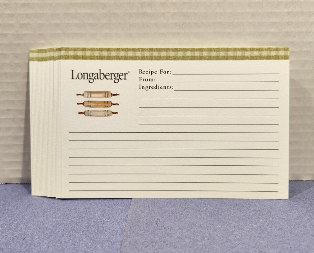 Longaberger Basket 25 NEW “ROLLING PINS” 4 x 6 LARGE Green Gingham Recipe Cards
