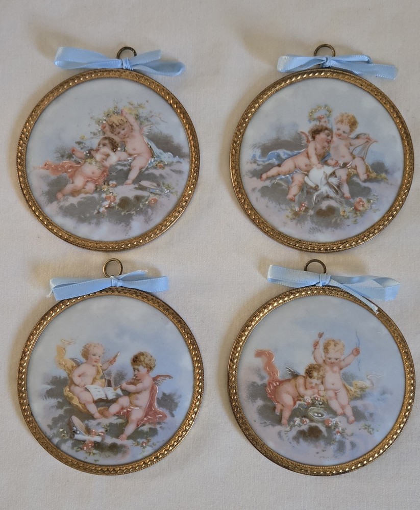4 Antique FM Limoges France Cherubs Angels On Porcelain Medallion Transferware