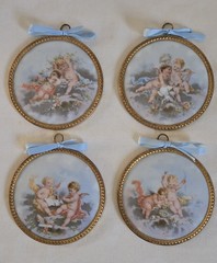 4 Antique FM Limoges France Cherubs Angels On Porcelain Medallion Transferware