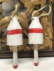 Set of 2 Vintage Bouy Wood White Red Stripe Marked LH-06 Lobster Nautical Decor