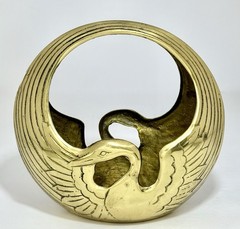 Vintage MCM Solid Brass Swan Planter Bowl Catchall with Handle ~Korea