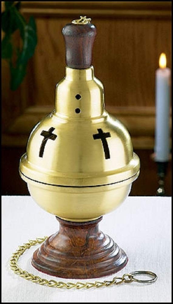 Censer On Wood Base – 4 1/2″ Diameter, 9″ High Brown Brass, Wood Brass, Wood