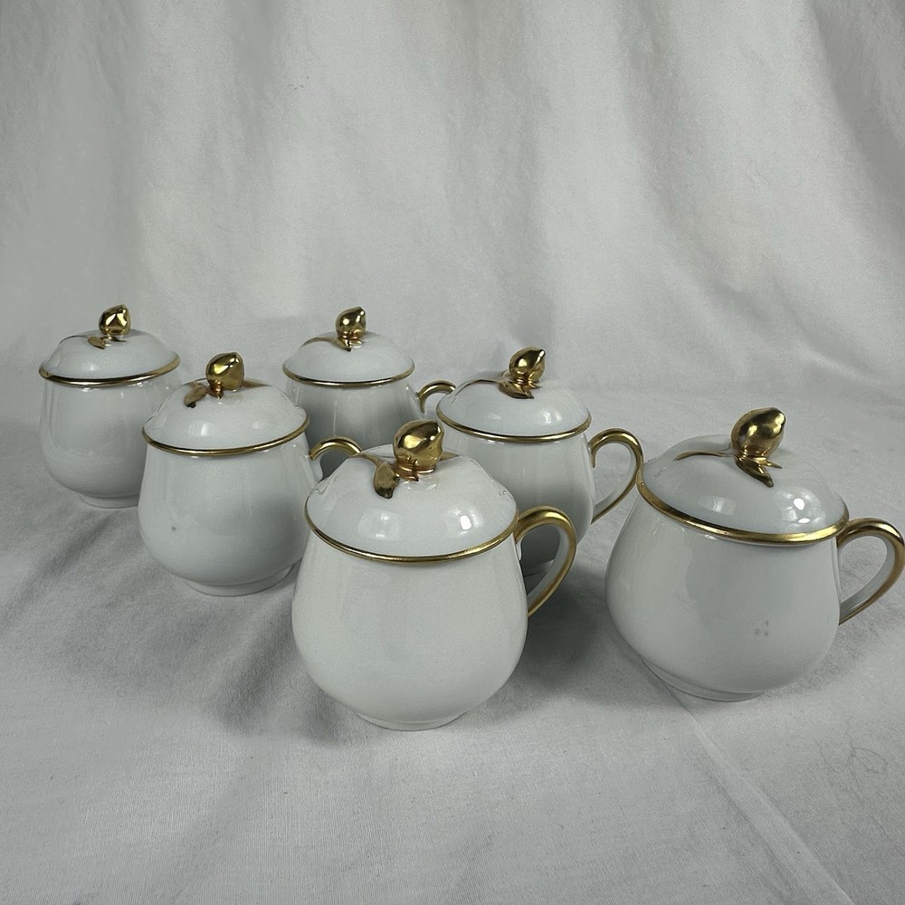 6 Antique Limoges Pot de Crème France Coiffe Porcelain White And Gold
