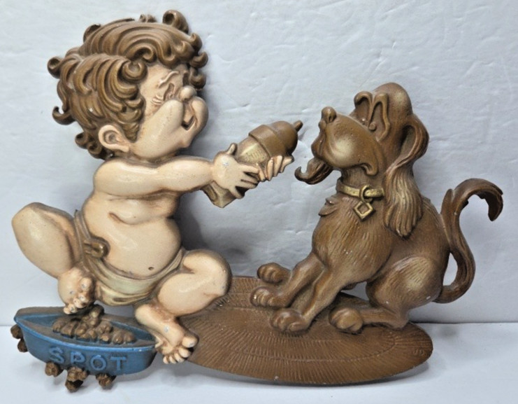 Vtg Sexton Cast Metal Bathroom Wall Plaque Boy Dog Spot 1976 USA Wall Hanger