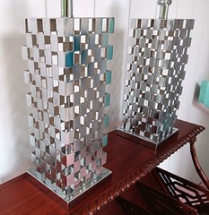 2 CHECKERBOARD chrome table lamp vtg pop mod mcm ’80s modernist art sculpture