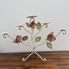 VTG Italian Toleware Tole Ware Candelabra 5 Candle Holder Roses Italy Metal