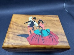 Vintage Wooden Jewelery Box From Spain Traditional Dancers RARE