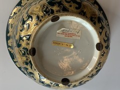 Stunning Gold& Dark Green Tapestry Porcelain Contour Bowl 10”d Asian Traditional