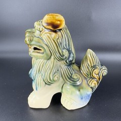 Vintage 1980s Ceramic Majolica Green Foo Dogs Set 2 Shishi Lions Good Luck vtg
