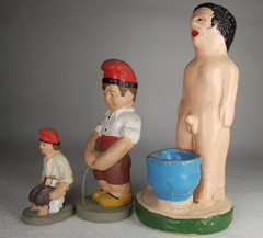 Rare Lot of 3 Polychrome Pottery Caganers using the bathroom some Signed dated