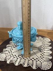 Westmoreland Robin Bird Dove on Nest Footed Bowl Dish & Lid Blue Milk Glass