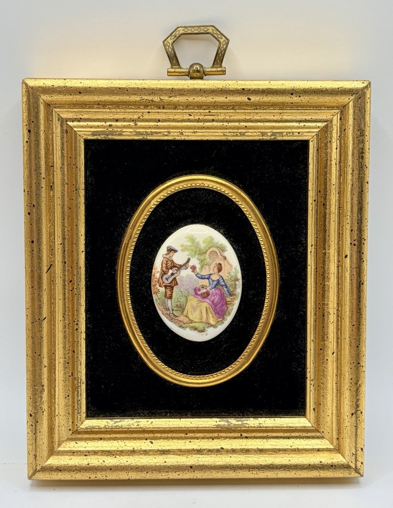 Vtg B&S Creations, NY Handpainted Porcelain Cameo Gold Frame Plaque 5.5×4.75”