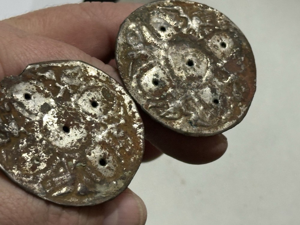 INCREDIBLE PRE-COLUMBIAN SILVER EMBOSSED BIRD EFFIGY EAR SPOOLS PERU MOTLEY COA