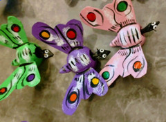 Miniature Wooden Bobble Head Painted Mexican Folk Art BUTTERFLY 3 pieces