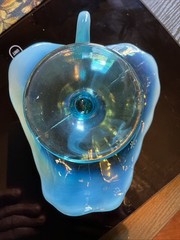 Antique 7” Dugan Glass Blue Opalescent Rayed Jane Footed Nappy Dish