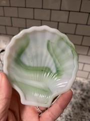 Akro Agate Shell Dish Trinket Tray Ashtray White and Green Swirls