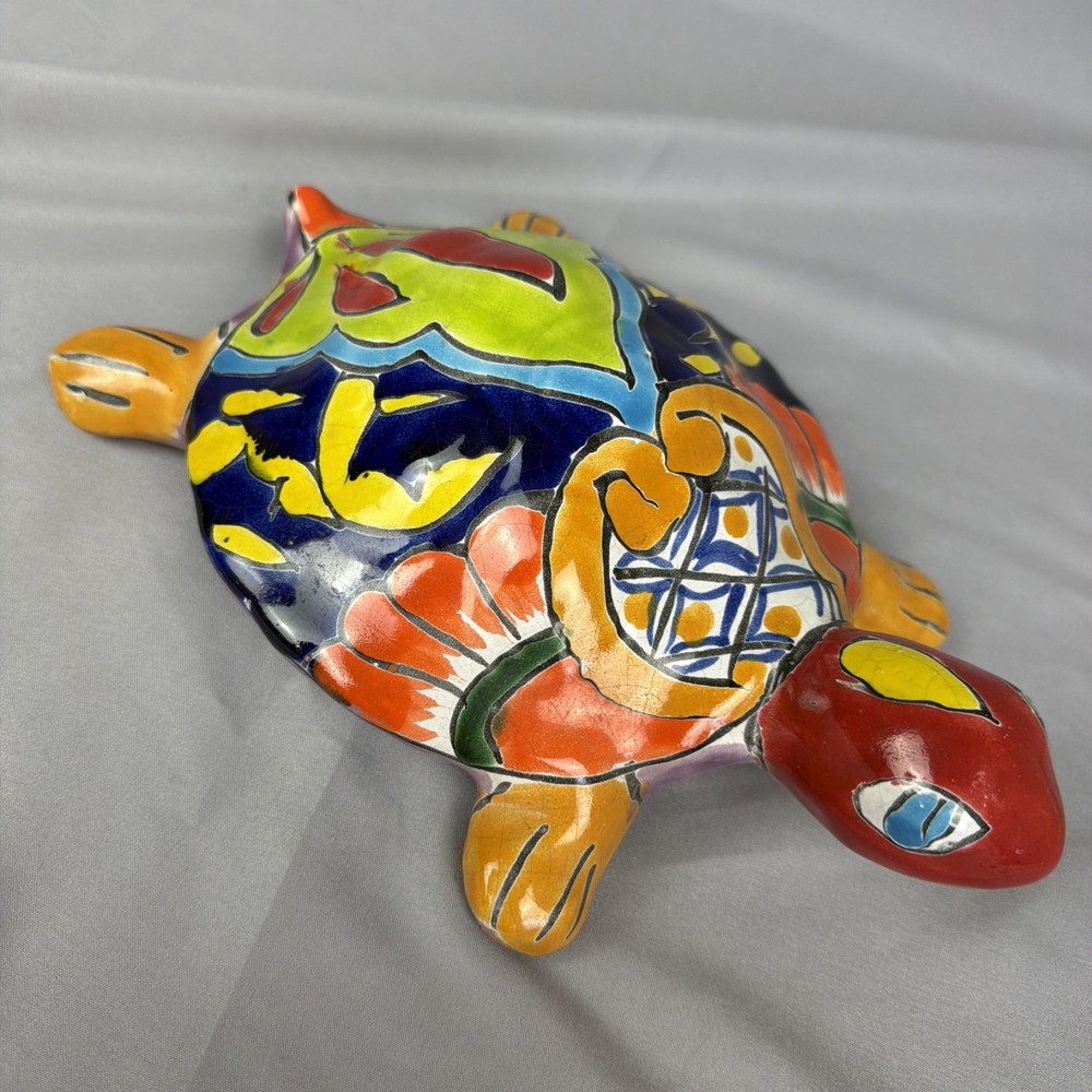 Talavera Cobalt Blue-Orange Pottery Hand Painted Turtle Art Mexico 9.5″ Garden