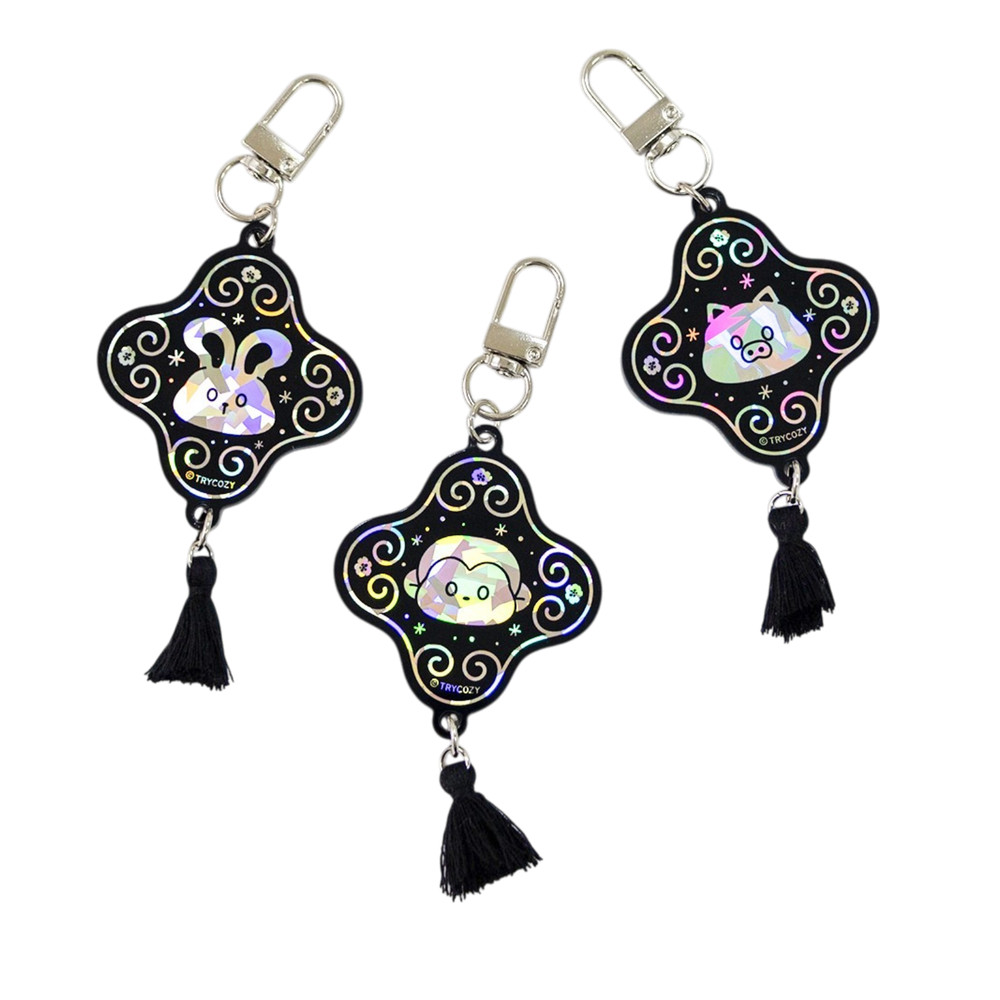 Korean Holographic Zodiac Amulet Keychain Traditional Good Luck Charm Keyring
