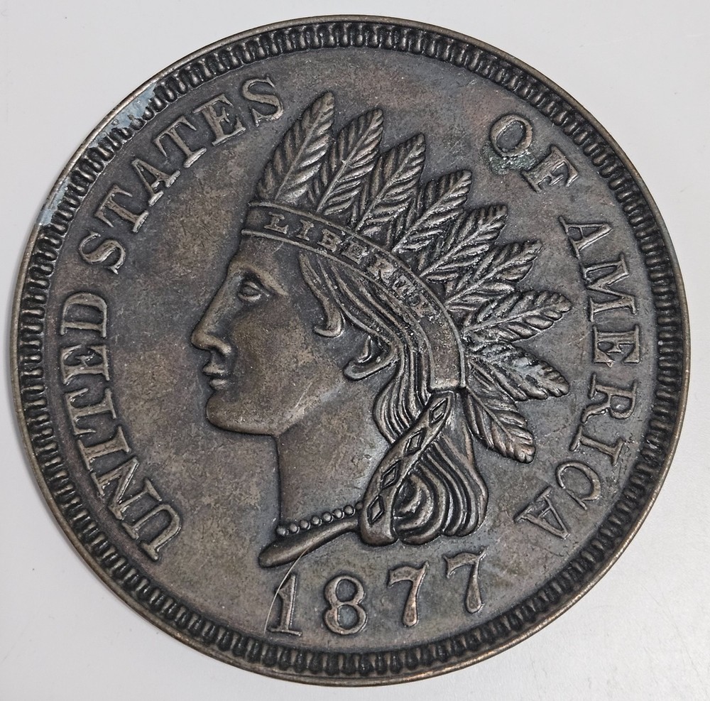 VINTAGE OVERSIZED 3″ 1877 REPLICA INDIAN HEAD ONE CENT PENNY (COPPER-TONED)