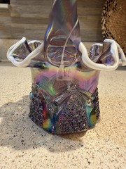 Vintage 1990’s Fenton Glass Basket 7” Tall Purple Iridescent Ruffled White Edge