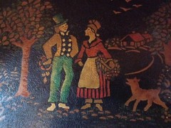 Antique 1800s Tin Metal Toleware Hand Painted Tray Courtship Man Woman Folk Art